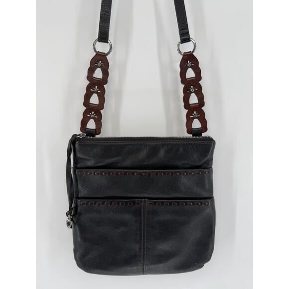 Brighton Koda Black Brown Leather Crossbody Bag Messenger Handbag Silver Tassel - Picture 2 of 13